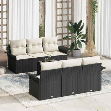 Modulares Gartensofa-Set 7 Stücke in Schwarz und Creme aus Poly-Rattan mit 2 Mittelsitzen und 4 Armsofas