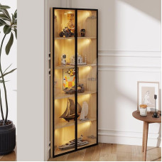 Stiklinė vitrina su LED, ąžuolo eksterjeras, integruota šviesos juosta, dulkėms atspari grūdinto stiklo spinta, kampinė vitrina su durelėmis, kolekcijos vitrina, knygų spinta, vyno spinta (Ąžuolas-1)