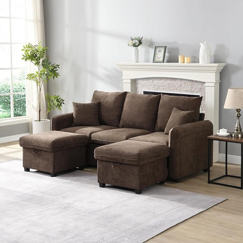 TIZZ Multifunctional Corner Sofa U-Shape 3 Seater Upholstered Sofa with Storage Function - Includes Drawers + Stools with Storage Compartment, Modular Dismountable Sofa Set with Sleep Function