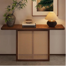 Landhaus-Konsolentisch Schmal, Beistelltisch Schmal Aus Massivholz, Flurtisch Aus Eiche und Rattan für Eingangsbereich und Wohnzimmer(120 * 30 * 75 cm/47 * 12 * 30 in)