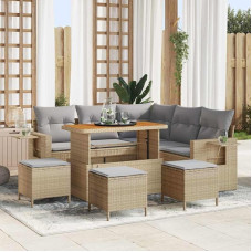 9-teiliges Gartenmöbel-Set aus schwarzem Poly-Rattan und Akazienholz als modulares Outdoor-Sofaset mit Kissen