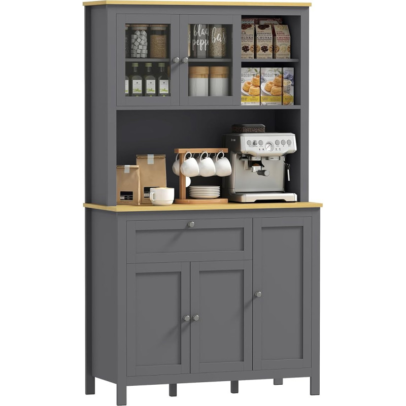 HOMCOM Kitchen Cabinet Kitchen Buffet Cupboard Storage Furniture in Modern Style with 3 Cabinets, Drawer, Niches, Cable Passage, Adjustable Shelves and Glass Doors, 100 x 40 x 180 cm, Grey
