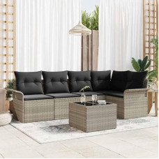 Modernes Gartensofa-Set 6 Stück grau aus Poly-Rattan mit Kissen und Tisch, rechteckiges Sofaset für Gartenmöbel