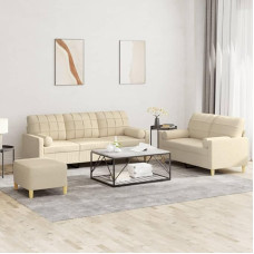 3-TLG. Sofagarnitur mit Kissen Creme Stoff, cremefarbene 3-TLG. Sofagarnitur aus strapazierfähigem Stoff mit bequemer Polsterung und robustem Gestell