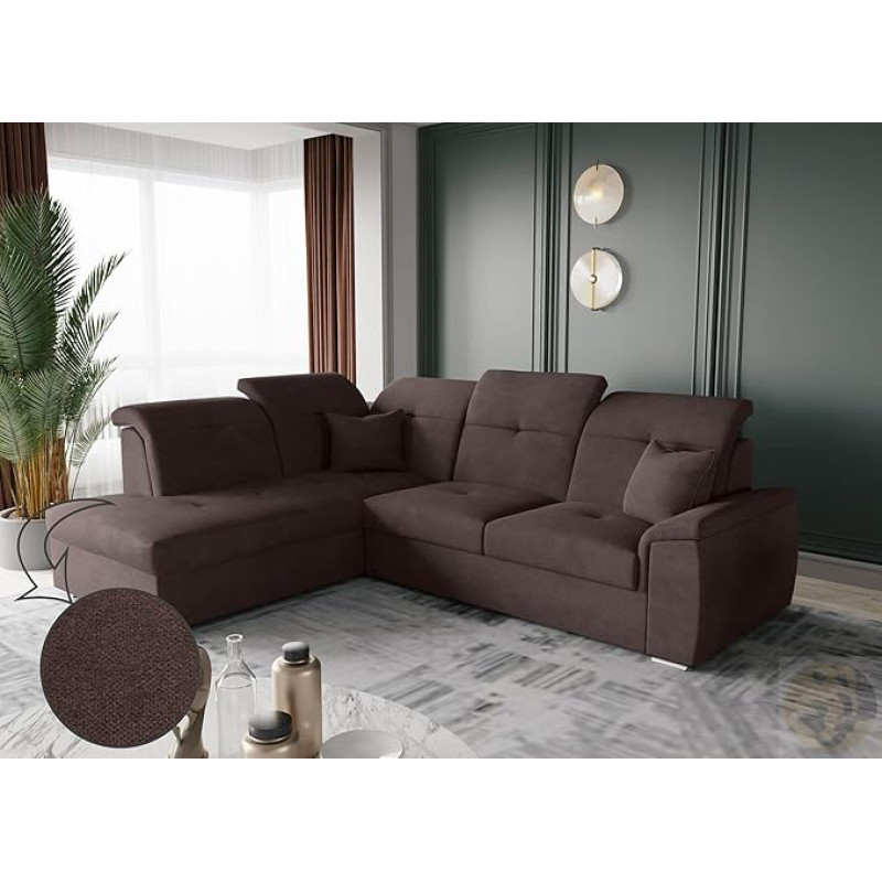 FRIDERIK-EU Kampinė sofa su miego funkcija ir lovos dėže [Kairė - Ruda] Svetainės baldai, Sofos ir sofos, Kampinė sofa, Kampinė sofa su miego funkcija, Sofa lova su lovos dėže