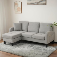 3 vietų kampinė sofa su šezlongu, modulinis dizainas, lankstus išdėstymas, kvėpuojantis medvilninio lino audinys, tvirtas rėmas, plastikinės kojos, patogi mažoms erdvėms, 166 x 118 x 77 cm, pilka spalva