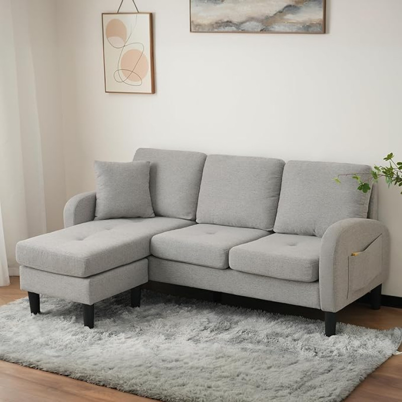 3 vietų kampinė sofa su šezlongu, modulinis dizainas, lankstus išdėstymas, kvėpuojantis medvilninio lino audinys, tvirtas rėmas, plastikinės kojos, patogi mažoms erdvėms, 166 x 118 x 77 cm, pilka spalva
