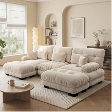 3 vietų modulinė sofa 313 cm U formos su 2 otomanais Chenille Wood Frame šviesiai ruda