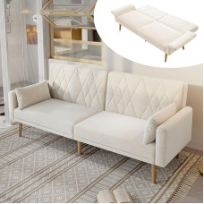 2 vietų sofa-lova, sulankstoma sofa su miego funkcija, sofa su lovos funkcija, svetainės sofa iš aksomo audinio, sulankstoma sofa - 5 reguliuojami atlošo kampai, skirta svetainei, miegamajam (smėlio spalvos 1)