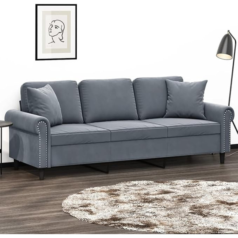 3-vietė sofa su dekoratyvine pagalvėle Sofa Sofa Lounge sofa Minkšta sofa Poilsio sofa Svečių sofa Dvigulė sofa svetainei Miegamojo kambarys Svečių kambarys Tamsiai pilka 180 cm Velvetas