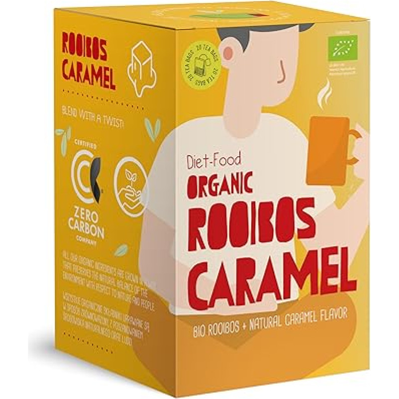 DIET-FOOD - Ekologiška arbata maišeliuose - Rooibos arbata su karamele - Pagaminta iš sertifikuotų ekologiškų ingredientų - Be plastiko - Karštas gėrimas - Natūralus produktas - 20 x 1,5 g arbatos maišelių