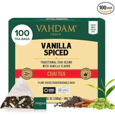 VAHDAM Vanilla Spice Chai arbatos maišeliai | 100 piramidinių arbatos maišelių | Juodosios arbatos mišinys su vanile, cinamonu, kardamonu, gvazdikėliais ir imbieru | Stiprus Masala Chai skonis | Vakuuminis sandarinimas