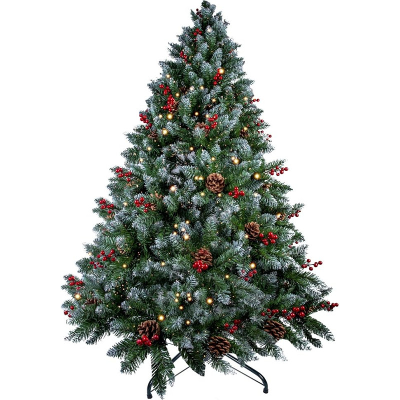 himaly Dirbtinė Kalėdų eglutė 180 cm su sniegu ir 15 m pasakų lemputėmis 300 LED, medžiaga PVC/PE, 720 patarimų Kalėdų eglutė su 52 tikromis pušų kankorėžiais ir 52 raudonais vaisiais, skirta vidaus ir lauko apdailai