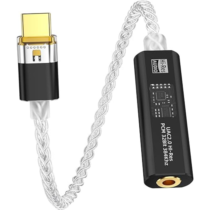Headphone Amplifier DAC Headphone Adapter Hi-Res Audio 32bit/384kHz 8-Core Copper Cable Plug and Play High Resolution 3.5 Headphone Amplifier Compatible with iPhone/Samsung/MacBook