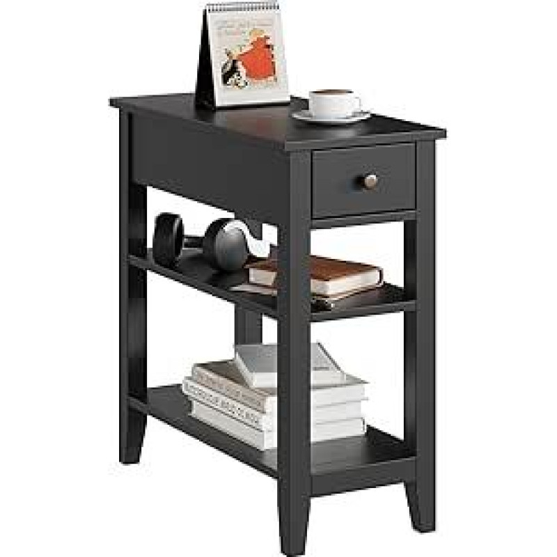 Beistelltisch Couch, Schmaler 3stöckiger Beistelltisch mit Schublade und Ablage, Sofatisch für Wohnzimmer und kleine Räume, Schwarz