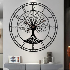 Large Tree of Life Clock Metal Black Wall Clock Large Wall Clock Home Decor Living Room Wall Clocks with Numbers Silent Mid-Century Clock Modern Family Tree Wall 24 Inch Summer