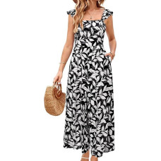 LAISHEN Jumpsuit Moterų elegantiškas vasaros raukiniais be rankovių šventinis vestuvių ilgas Jumpsuit platus kojų apranga su kišenėmis