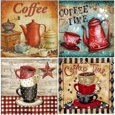 DCIDBEI 5D Set of 4 Diamond Painting Adults 30 x 30 cm Diamond Painting Coffee Diamond Painting Pictures Diamond Painting Set Paint by Numbers Coffee Craft Set Craft Buddy Crystal Art Embroidery Set