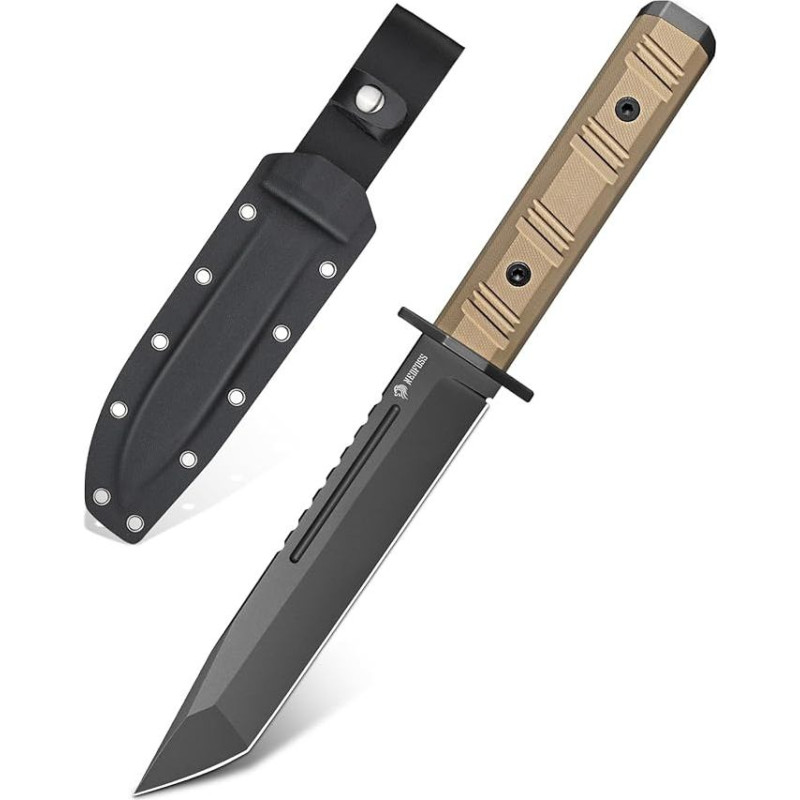 NedFoss BRAVE Bowie Knife, 17,2 cm D2 plieno pilnaviduris lauko peilis su G10 rankena ir Kydex dėklu, išgyvenimo peilis su titanu, didelis medžioklinis peilis, Bushcraft peilis stovyklavimui, dovana, kolekcija