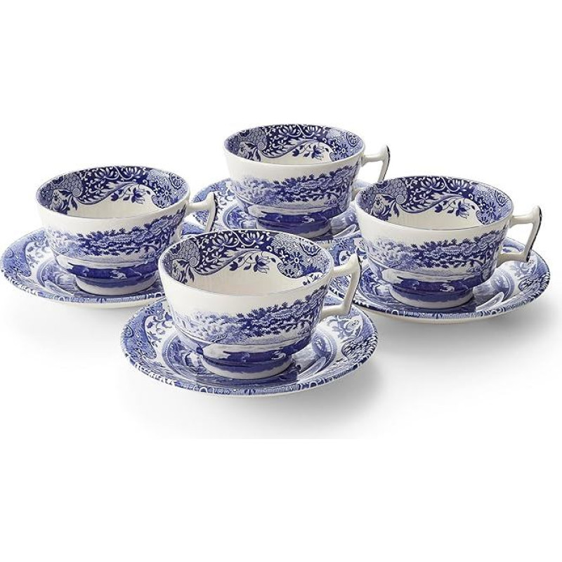 Spode Blue Italian Teacup and Saucer, Set of 4