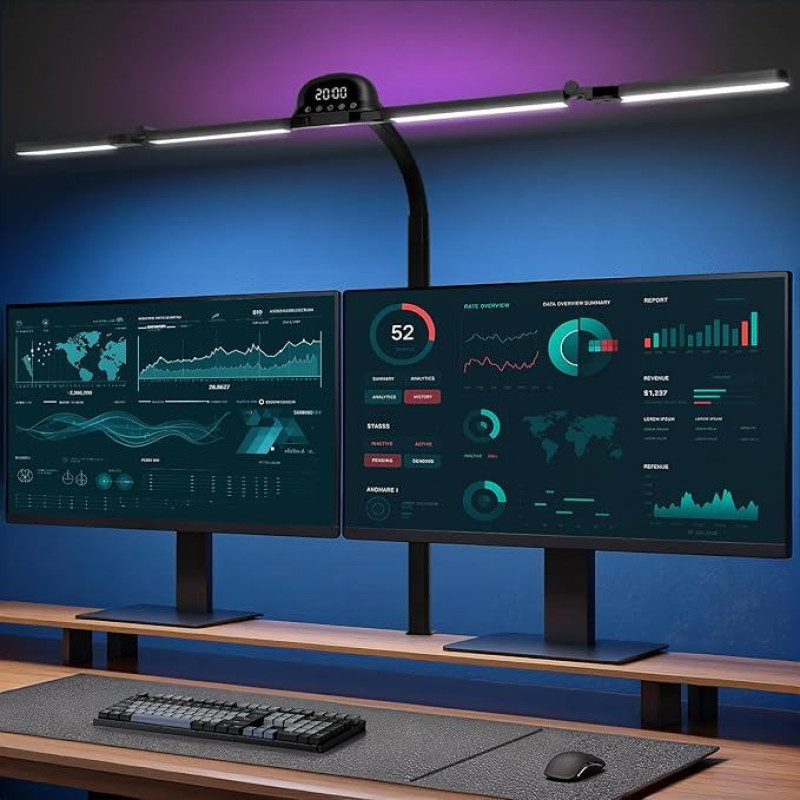 LED stalinė lempa su RGB, 120 cm monitoriaus lempa, tvirtinama, reguliuojamo apšvietimo, dienos šviesos lempa su judesio jutikliu, šviesos jutikliu, nuotolinio valdymo pultu, laikrodžiu, skirta biurui, skaitymui, architektams, siuvėjams