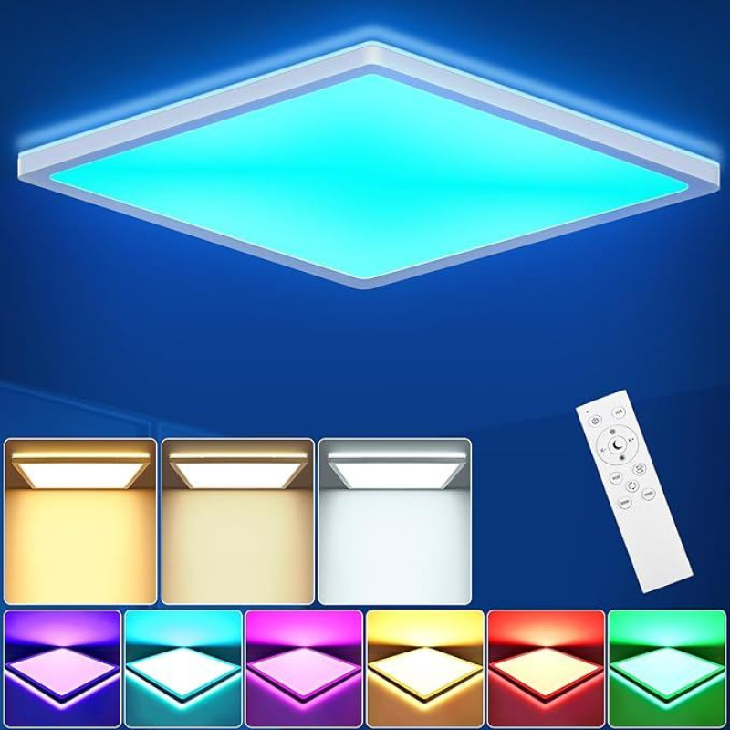 RGB LED lubų šviestuvas su nuotolinio valdymo pulteliu, 24 W 2400 LM lubų šviestuvo spalvos keitimas, 3000 K - 6500 K IP54 vandeniui atsparus plokščias LED skydelis, skirtas svetainei, miegamajam, vaikų kambariui, virtuvei, vonios kambariui, 30 x 2,5 cm