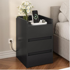 YITAHOME Bedside Table with 3 Drawers and Power Supply, Bedside Table with Charging Station, 2 USB Ports and Sockets, Waterproof Side Table for Living Room and Bedroom, 35 x 40 x 60 cm (Black)