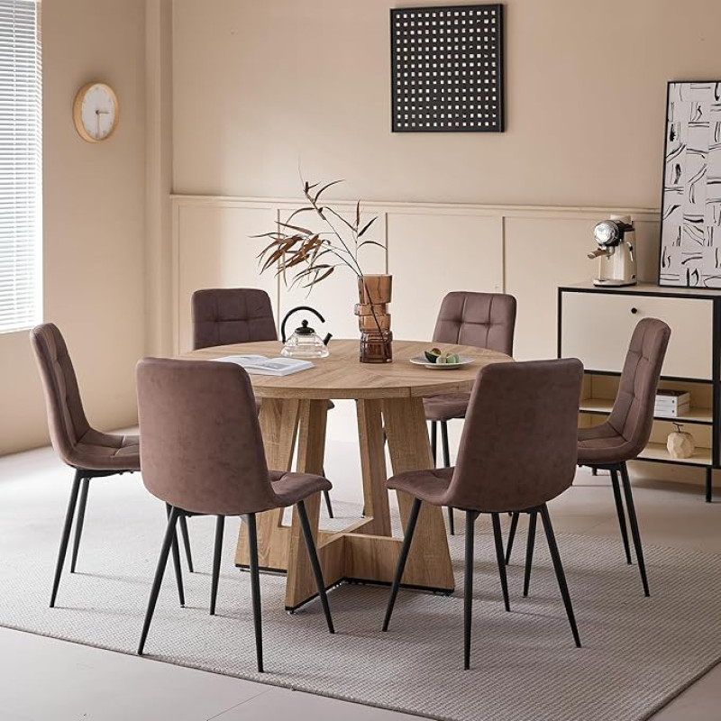 7 dalių 120 cm apvalus valgomojo stalas ir 6 dirbtinės odos valgomojo kėdės, stalas ir 6 kėdės virtuvei, svetainei, balkonui, restoranui, biurui (šviesaus medžio spalva + tamsiai ruda)
