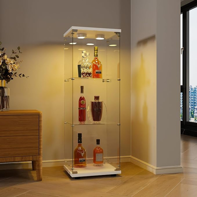Stovinti stiklinė vitrina su LED apšvietimu ir stiklinėmis durelėmis, 3 sluoksnių stiklinė vitrina, atspari dulkėms, stovinti stiklinė vitrina, skirta svetainei, miegamajam, biurui (balta/šviesi, 3 sluoksniai)