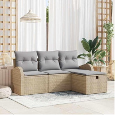 Garten Sofa Set 4 Stück Poly-Rattan Gartenmöbel Set Outdoor Sitzgruppe 4-teilig Beige Hellgrau mit Kissen und Stauraum