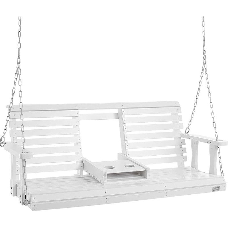VEVOR Cedar Wood Hollywood Swing 1523 x 710 x 600 mm, kiemo ir sodo sūpynės, padidinta apytiksliai 400 kg apkrova, tvirtas supamasis suolas su kabančiomis grandinėmis, skirtas naudoti lauke, baltos spalvos