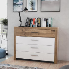 FORTE RICCIANO šoninė spintelė 111 su 4 stalčiais, ąžuolo dekoras/baltas matinis, 111 cm pločio x 88,1 cm aukščio x 41 cm gylio