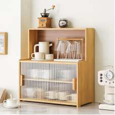 Small Bamboo Sideboard Kitchen for Worktop, Buffet Cabinet, Kitchen Cabinet with Sliding Doors, Adjustable Shelves for Spice Jars, Kitchen Utensils, Cups, Props (Wood Colour)