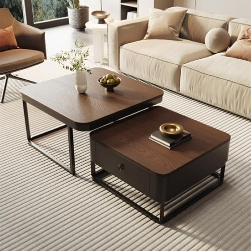Couchtisch 2er Set - Farmhouse Quadratische Tische mit Tischplatte aus gehärtetem Glas und Rattan-Aufbewahrung für Wohnzimmer & Schlafzimmer