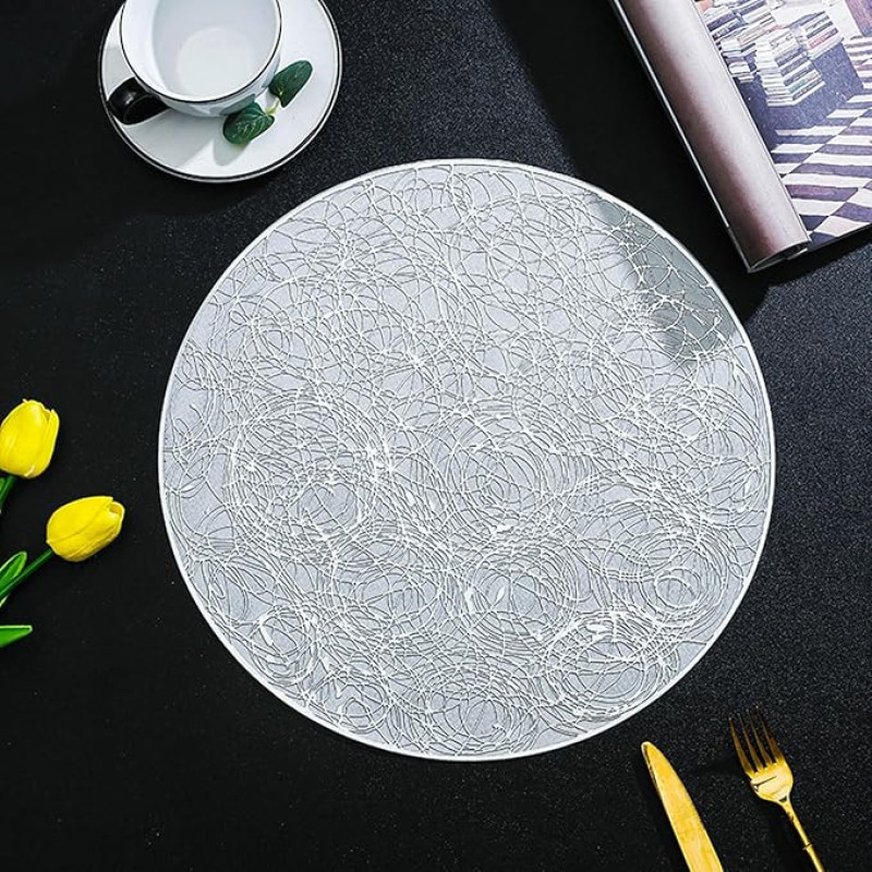 Tischset PVC, 8er Set Unregelmäßige Linienstruktur Platzsets, Küchen-Tischsets für Esstisch, Silber, 38cm