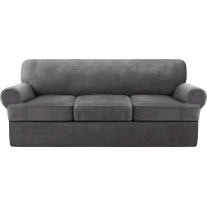 Velvet T pagalvėlių sofos dangtis 4 dalių sofos užvalkalas Baldų apsauga Stretch T pagalvėlių sofos užvalkalas 3 pagalvėlėms sofos užvalkalas su 3 atskirais T pagalvėlių užvalkalais (pilka, sofa)