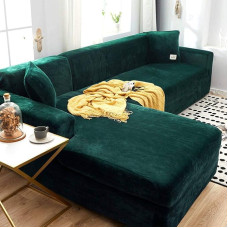 Storas sofos dangteliai 1 2 3 sėdynės Velvet L formos sofos Slipcover Easy Fit Stretch Elastinis audinys Sofa sofa baldų apsauga - 3 sėdynės + 4 sėdynės Tamsiai žalia