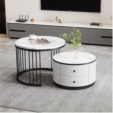 Elegantiškas 2 dalių baltos spalvos lizdo formos kavos staliukų rinkinys, 60 x 60 x 45,5 cm ir 50 x 50 x 32 cm, apvalūs stalai su blizgaus marmuro išvaizda, 2 stalčiai, maksimali apkrova 30 kg, lizdinis kombinuotas kavos staliukas