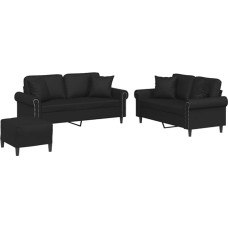 3-TLG. Kunstleder Sofagarnitur mit Kissen, Schwarze Couchgarnitur mit dick gepolsterten Sitzflächen, Armlehnen und Rückenkissen, inklusive Fußhocker und Zierkissen, stabiles