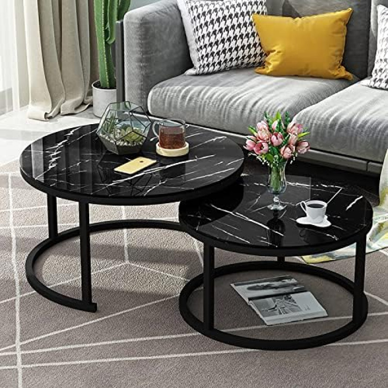 Stapelbares Couchtisch-Set mit Marmor-Effekt, Glasplatte, stilvolle stapelbare Tische für Wohnzimmer und Heimbüro, modernes Design, platzsparende Lösung