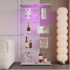 4-Tier Glass Display Case with Doors and LED Lights, Tempered Glass, Lockable, Curio Cabinet, Collection Display Cabinet, Floor Standing Bookcase for Living Room, Bedroom (White 4 Tiers with Light)