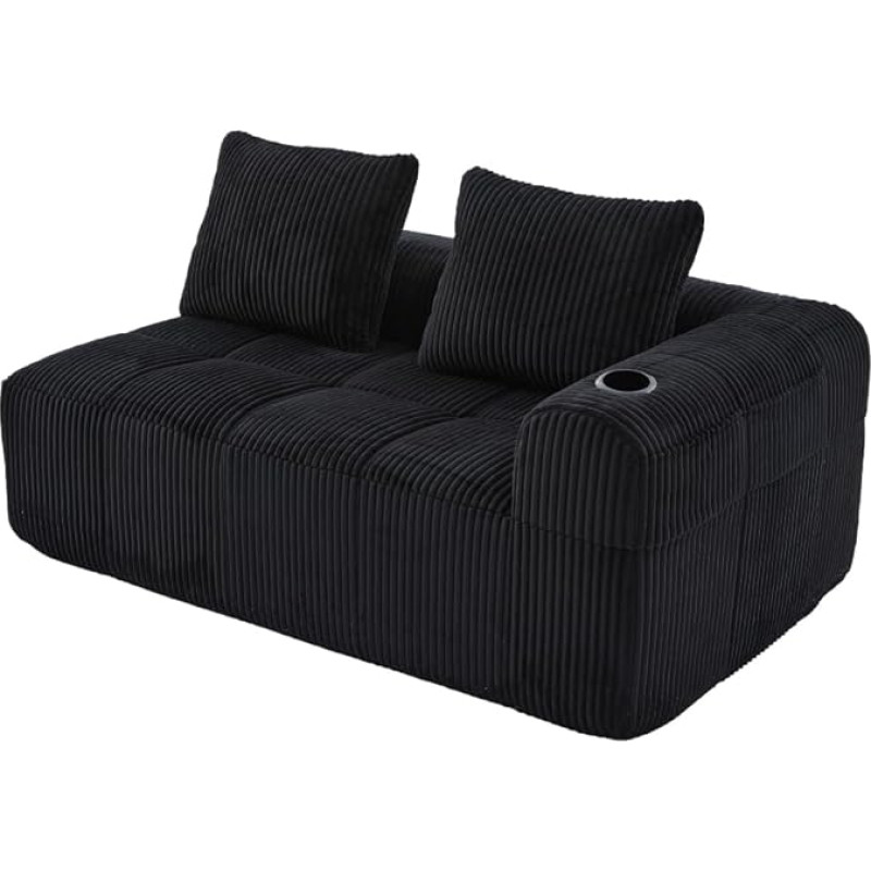 OCACA modulinė velvetinė sofa su atlenkimo funkcija, kompaktiška funkcinė sofa be surinkimo, minkštai paminkštinta, su atlošo pagalvėle, gėrimų laikikliu ir šonine kišene, kaip sofa, kušetė arba gulimas baldas (juoda, 2 sėdimos vietos)