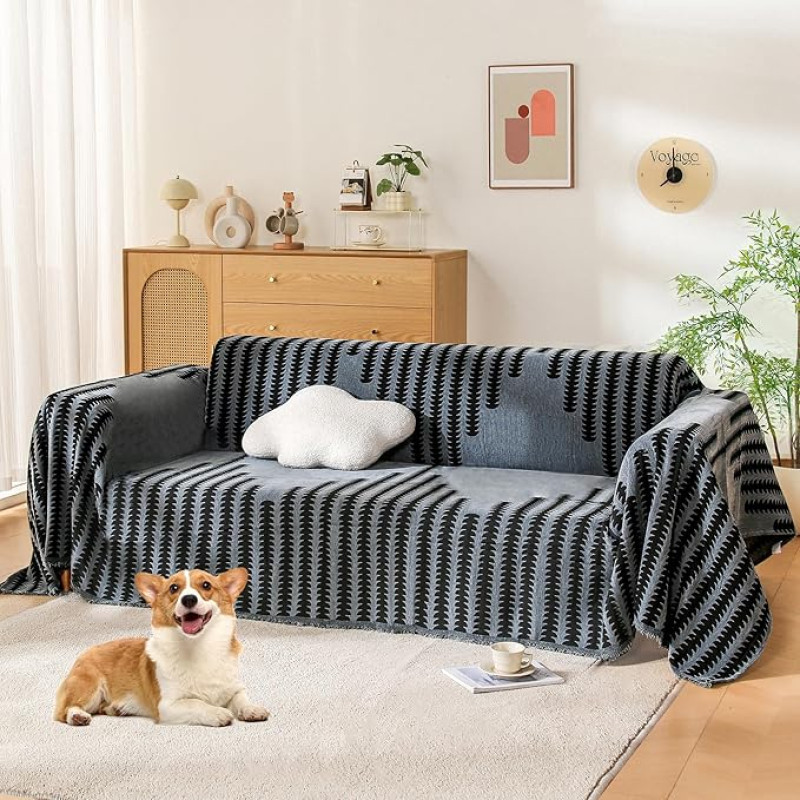 Boho-Couchbezug, Sofabezüge für 3 Kissen, Couchbezug für Hunde, waschbar, Sektionalcouchüberzüge, L-Form, Möbelschutz (Nr. 2# Dunkelgrau (Blumenstreifen), 180,3 x 340,4 cm