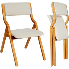 CangLong Gepolsterte Klappstühle Set aus 2 Stück mit Massivholzgestell, stapelbare und vormontierte Stoffstühle für Küche, Hochzeit und Party, Teak + Beige