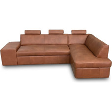 Antalya III kampinė sofa, 3 tonos, 266 x 164 cm, natūrali oda su dekoratyvine siūle, sofa-lova su miego funkcija, lovos dėže ir galvos atlošais, kampinė sofa, natūrali oda, Granada Savannah