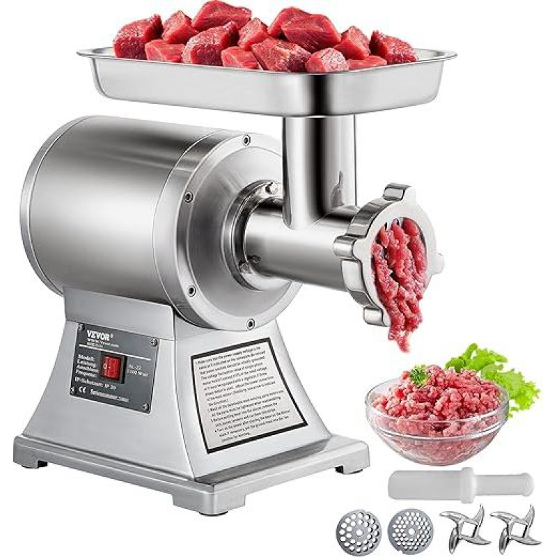 VEVOR 1100 W 250 kg pro Stunde Elektrischer Fleischwolf aus Edelstahl, 193 U/min, professionelle Wurstmaschine, 2 Mahlplatten, Meat Grinder für Zuhause oder industrielle Verwendung
