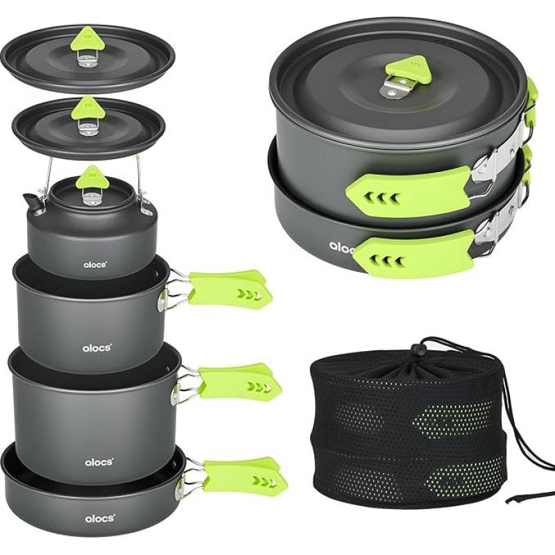 Alocs Camping Kochgeschirr Set 4-in-1 - Outdoor Topfset aus hartanodisiertem Aluminium mit 3L/1,7L Töpfen, Pfanne & Wasserkessel - Leichtes Camping Geschirr für 2-4 Personen, Wandern & Trekking
