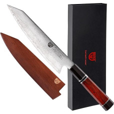 GRÄWE Signature Damascus Knife, Large Damascus Steel, Super Sharp, Damascus Santoku Knife, Damask Kitchen Knife, 35 cm Long, Chef's Knife with Gift Box, Dark Brown Handle