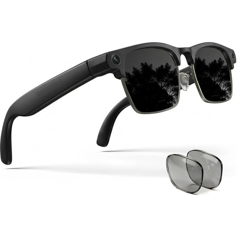 EGQINR Smart Brille mit Kamera, 8MP 4K Videoaufzeichnung Bluetooth Lautsprecher Smart Brille für Männer, Ai Brille mit Kamera Foto Video Recorder