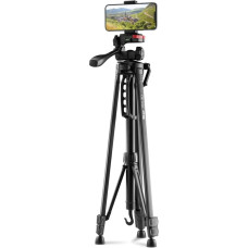 Hama Camera Tripod (Camera Tripod & Photo Tripod for Smartphone & Camera, Tripod Smartphone, Mobile Phone Tripod, 3-Way Head, Quick Release Plate, Height Adjustable 58-153 cm, up to 3 kg, with Bag)